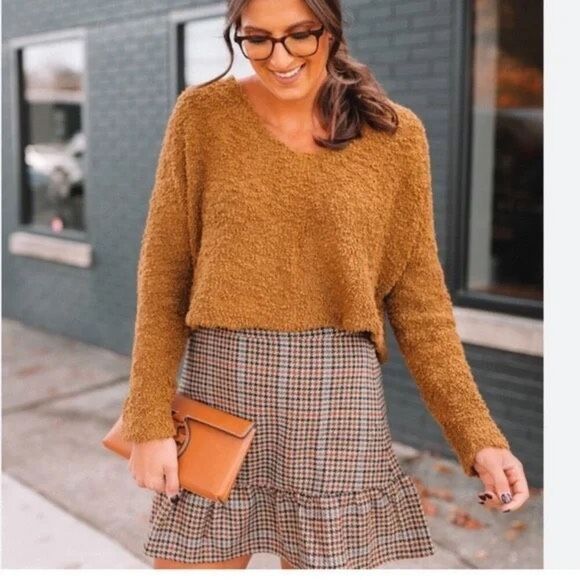 Free People Womens Cognac Brown Oversized Crop Fuzzy Popcorn Knit Sweater Medium - Picture 1 of 11